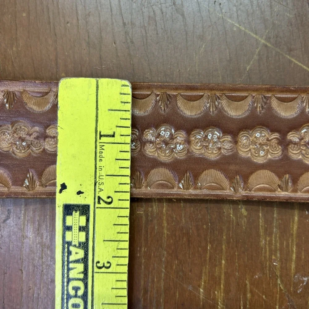 Vintage Adezy Solid Brass Colorado Belt Buckle 1975 Hand Tooled Leather Belt 34